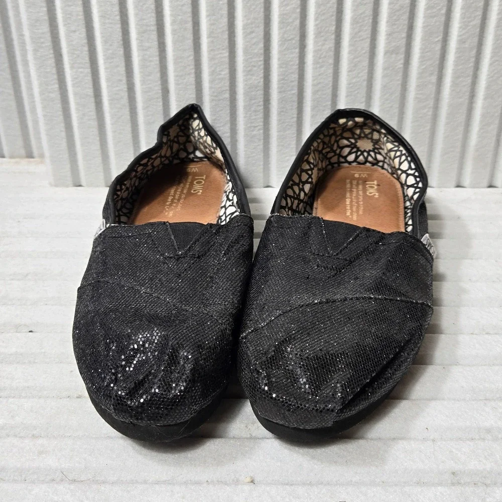 Toms Classic Alpargata Black Glitter‎ Slip On Flat Shoes Womens Size 9